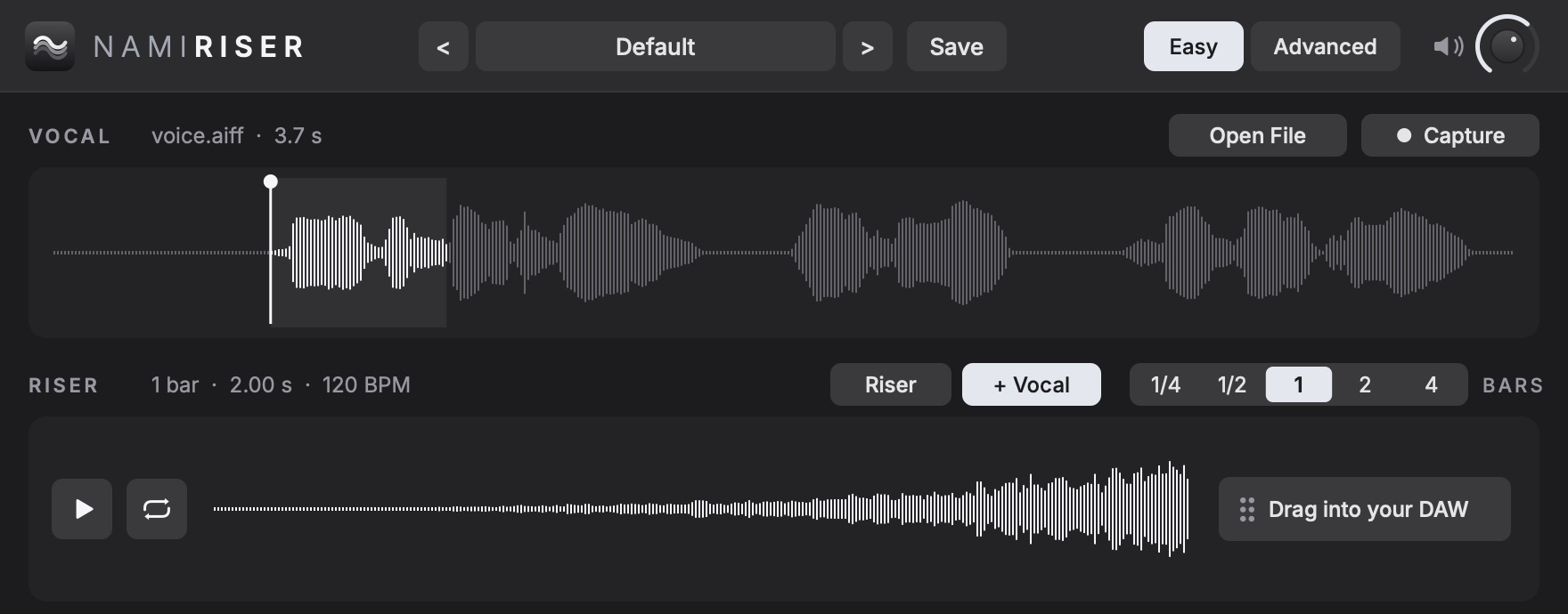 NamiRiser in development: a vocal waveform above, and the riser it made swelling up to the word below