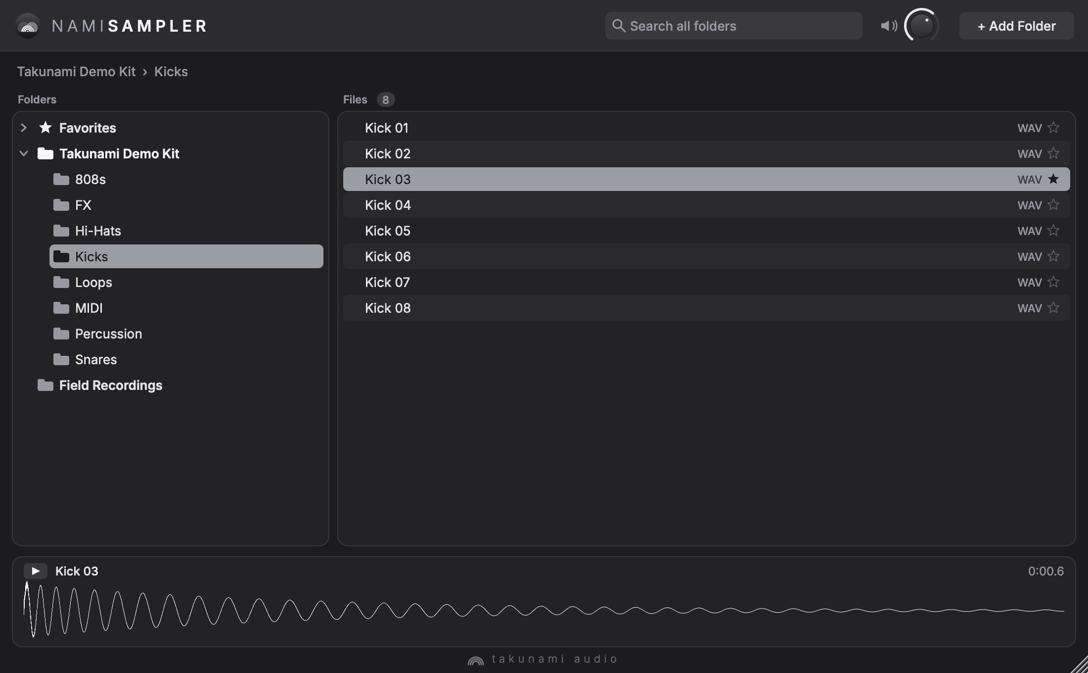 NamiSampler showing the Kicks folder of a demo kit, with Kick 03 selected, starred and its waveform below